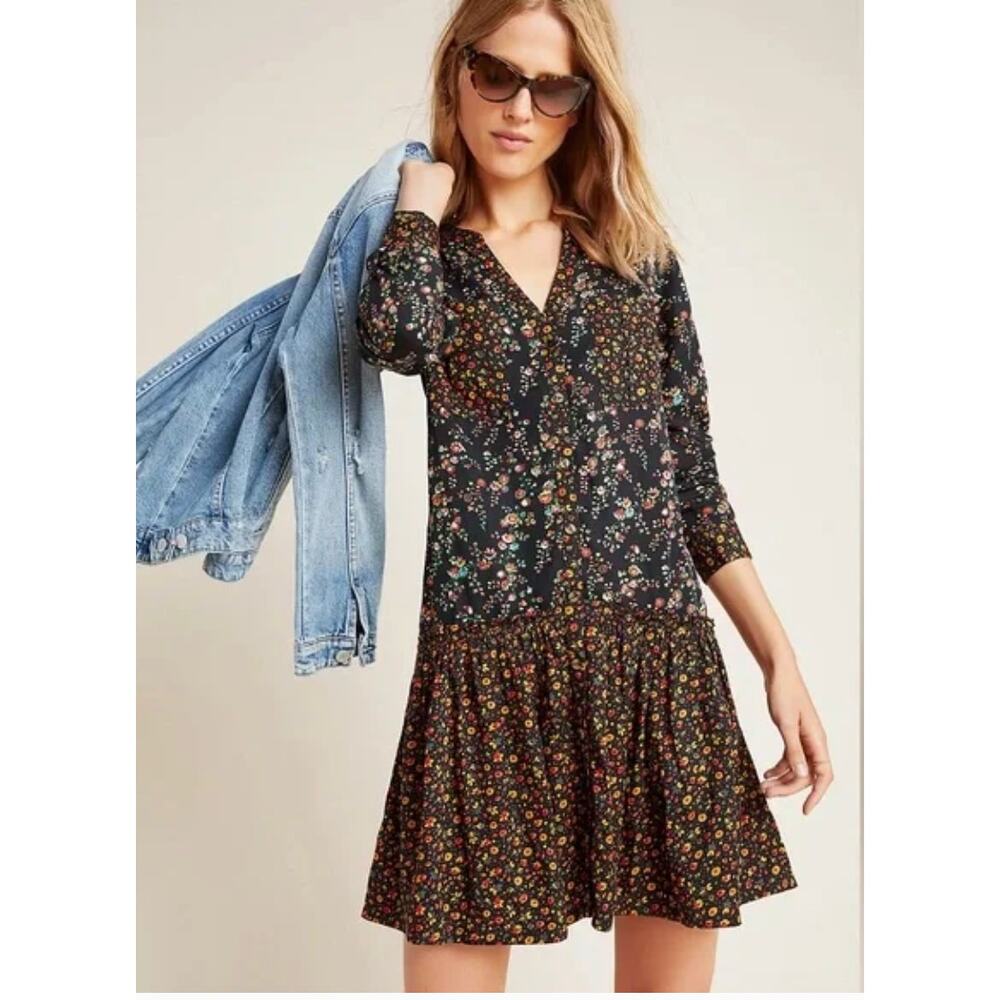Maeve Anthropologie Marlie Button Front Chambray Floral Tunic Dress sz. 2